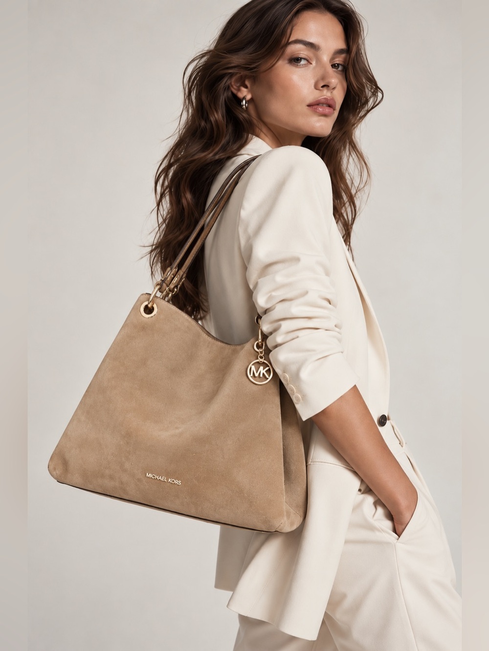 Michael Kors Christina Large Suede Shoulder Bag Tote Tan Gold Hardware